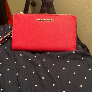 Michael Kors Red Saffiano Zip Wristlet Wallet with Gold Logo